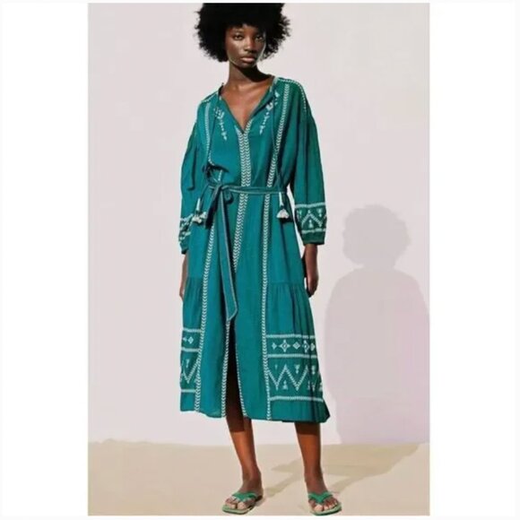 Zara Teal Boho Embroidered Midi Dress - Picture 2 of 16